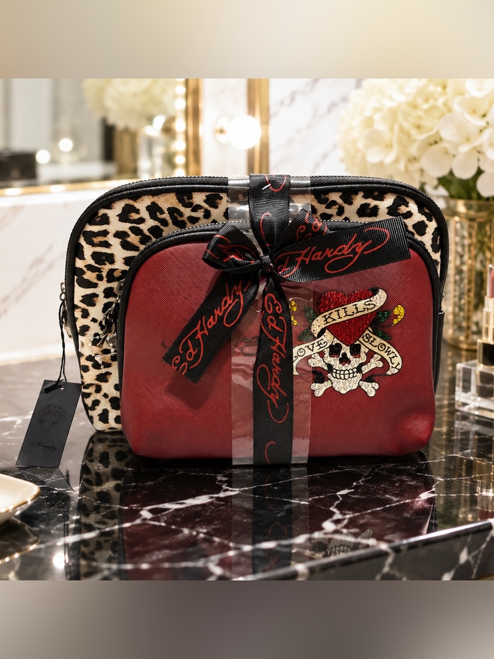 Ed Hardy Red & Leopard Print Skull Cosmetic Bag Set